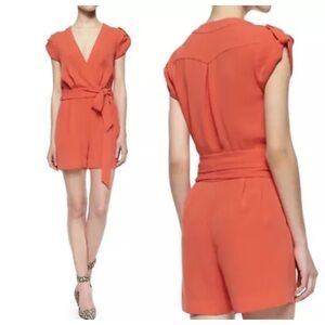 Diane Von Furstenberg Purdette Tie-Waist Short Romper Size 2, Red Orange